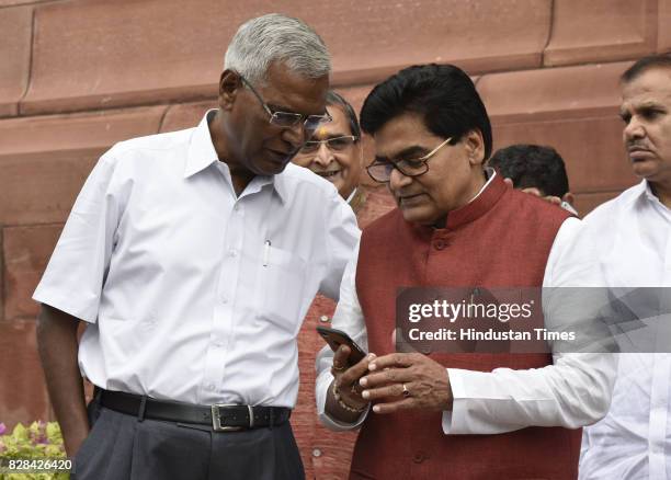 Senior CPI leader D. Raja of Rajya Sabha from Tamil Nadu seen with SP leader Ram Gopal Yadav at Parliament during the Monsoon Session on August 9,...