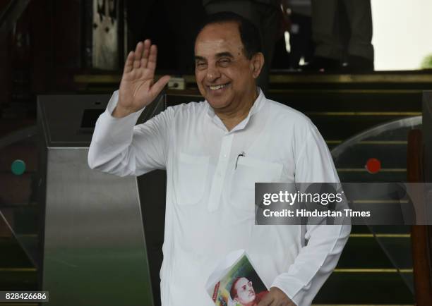 Leader Subramanian Swamy at Parliament during the Monsoon Session on August 9, 2017 in New Delhi, India.