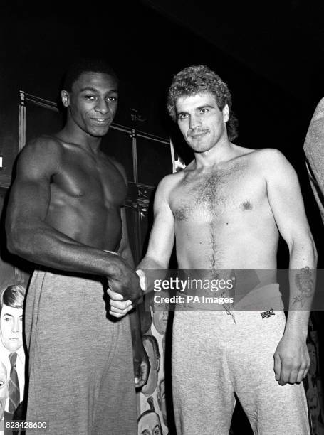 Cordial greetings between Sheffield boxer Herol "Bomber" Graham and Belgium's Jose Seys at the weigh-in.
