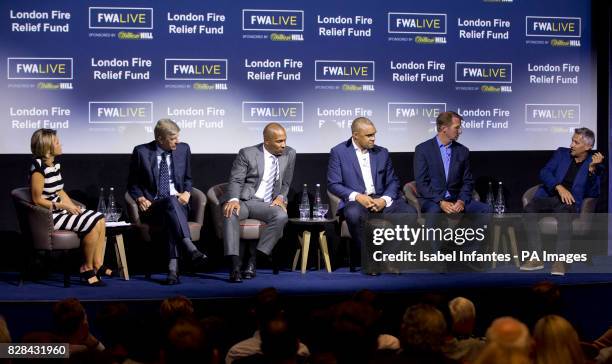 Jacqui Oatley MBE, Arsene Wenger, Les Ferdinand, Paul Elliot, Henry Winter, and Gary Lineker during the Football Writers Association Live event at...
