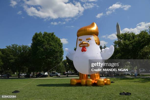 An inflatable chicken mimicking US President Donald Trump is set up on The Ellipse, a 52-acre park located just south of the White House and north of...