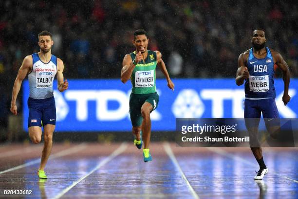 Daniel Talbot of Great Britain, Wayde van Niekerk of South Africa and Ameer Webb of the United States compete in the Men's 200 metres semi finals...