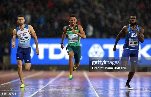 Daniel Talbot of Great Britain, Wayde van Niekerk of South Africa and Ameer Webb of the United States compete in the Men's 200 metres semi finals...