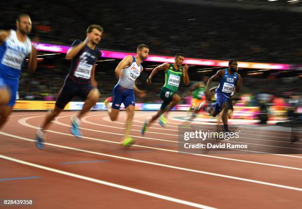 Christophe Lemaitre of France, Daniel Talbot of Great Britain, Wayde van Niekerk of South Africa and Ameer Webb of the United States compete in the...