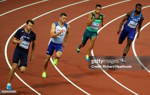 Christophe Lemaitre of France, Daniel Talbot of Great Britain, Wayde van Niekerk of South Africa and Ameer Webb of the United States compete in the...