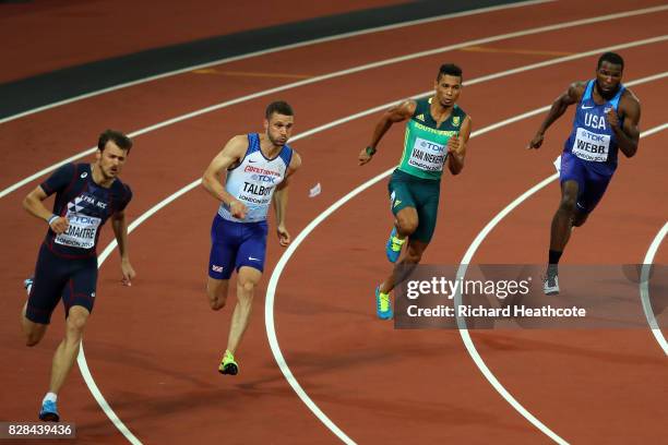 Christophe Lemaitre of France, Daniel Talbot of Great Britain, Wayde van Niekerk of South Africa and Ameer Webb of the United States compete in the...