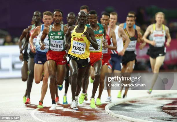 Stephen Kissa of Uganda leads during heat two of the Men's 5000 Metres heats during day six of the 16th IAAF World Athletics Championships London...