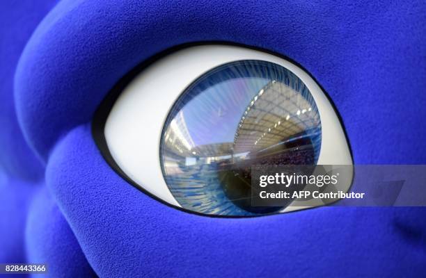 The Dragao stadium is reflected on the eye of "Draco", the FC Porto's mascot, before the start of the Portuguese league football match FC Porto vs...