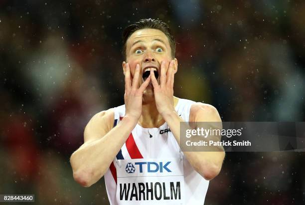 Karsten Warholm of Norway celebrates after winning gold in the Men's 400 metres hurdles final during day six of the 16th IAAF World Athletics...