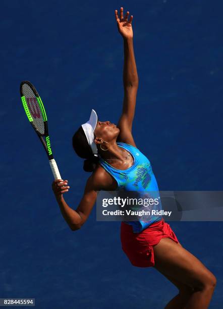 Venus Williams of the United States serves against Katerina Siniakova of Czech Republic during Day 5 of the Rogers Cup at Aviva Centre on August 9,...