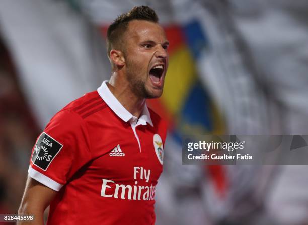 Benfica forward Haris Seferovic from Switzerland celebrates after scoring a goal during the Primeira Liga match between SL Benfica and SC Braga at...
