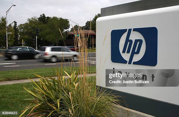 The HP logo is displayed on the entrance to the Hewlett-Packard Headquarters September 16, 2008 in Palo Alto, California. Hewlett-Packard announced...