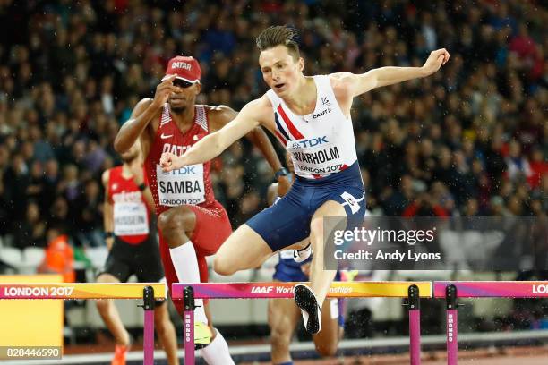 Karsten Warholm of Norway competes in the Men's 400 metres hurdles during day six of the 16th IAAF World Athletics Championships London 2017 at The...