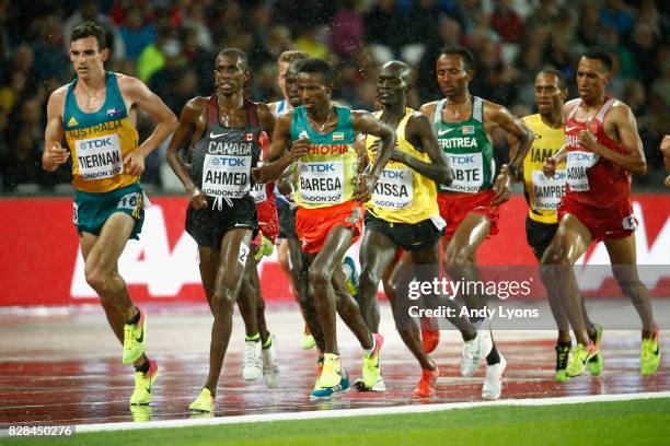 Patrick Tiernan of Australia, Mohammed Ahmed of Canada; Selemon Barega of Ethiopia and Stephen Kissa of Uganda during heat two of the Men's 5000...