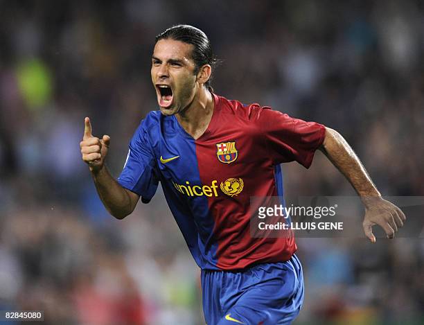 Barcelona's Mexican Rafael Marquez celebrates after scoring against Sporting Lisboa during a Champions League, Group C, football match at the Camp...
