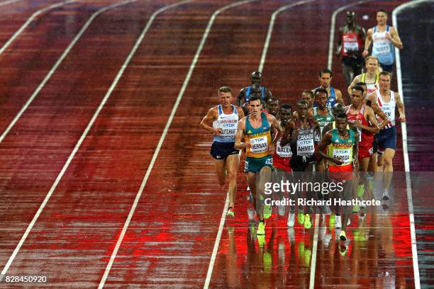 Andrew Butchart of Great Britain, Patrick Tiernan of Australia, Mohammed Ahmed of Canada and Selemon Barega of Ethiopia during heat two of the Men's...