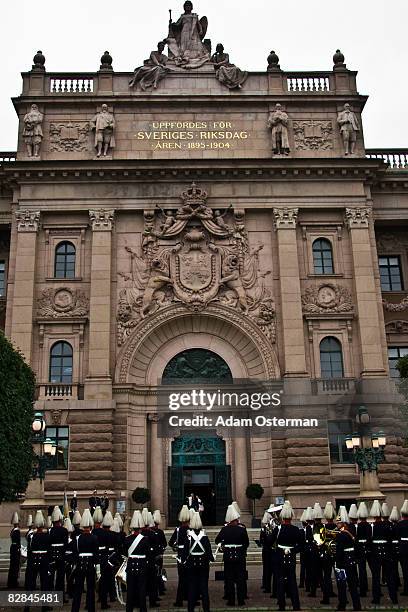 Exterior view of the Swedish Parliament building, The Riksdag, during the official opening of the new session of Parliament at The Riksdag on...