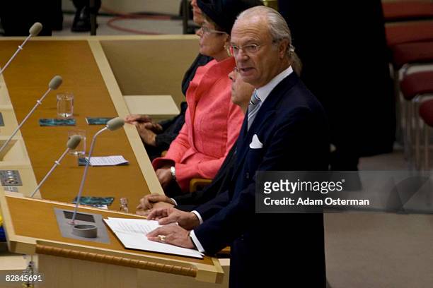 King Carl XVI Gustaf of Sweden speaks during the official opening of the new session of Parliament at The Riksdag on September 16, 2008 in Stockholm,...