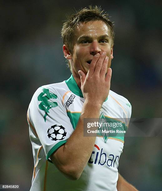 Markus Rosenberg of Bremen reacts during the UEFA Champions League Group B match between Werder Bremen and Anorthosis Famagusta at the Weser stadium...