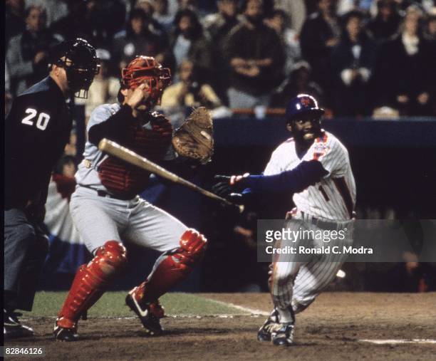 Mookie Wilson of the New York Mets bats during Game 7 of the 1986 World Series against the Boston Red Sox in Shea Stadium on October 27, 1986 in...