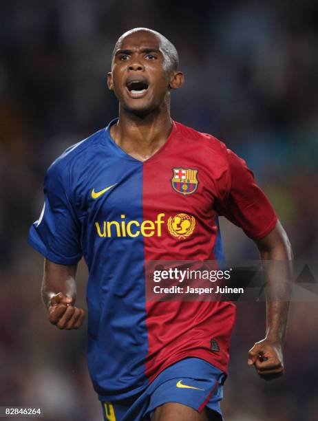 Samuel Eto'o of Barcelona celebrates scoring the second goal from the penalty spot during the UEFA Champions League Group C match between Barcelona...