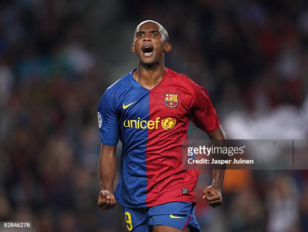 Samuel Eto'o of Barcelona celebrates scoring the second goal from the penalty spot during the UEFA Champions League Group C match between Barcelona...