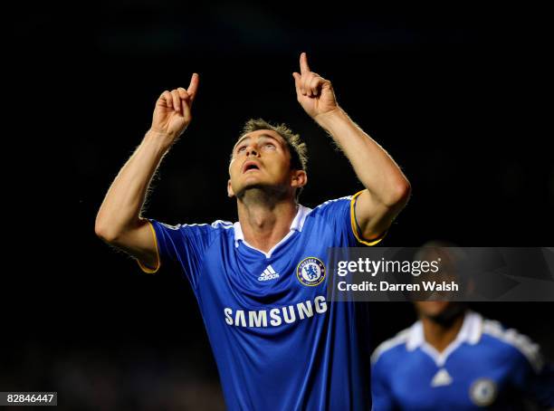 Frank Lampard of Chelsea celebrates scoring the first goal of the game during the UEFA Champions League Group A match between Chelsea and Bordeaux at...