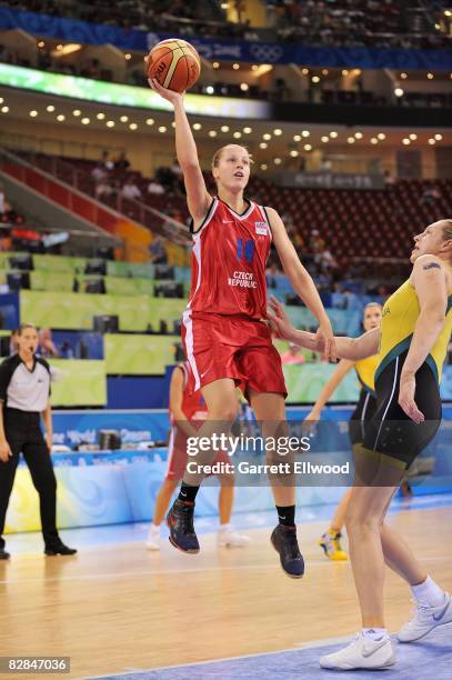 Katerina Elhotova of the Czech Republic lays up a shot against Suzy Batkovic of Australia during the 2008 Beijing Summer Olympics on August 19, 2008...