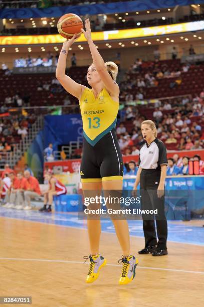 Emma Randall of Australia shoots a jumper during the 2008 Beijing Summer Olympics against the Czech Republic on August 19, 2008 at the Beijing...