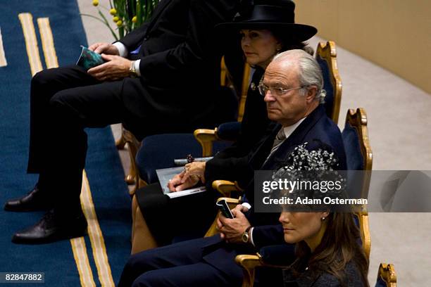 Queen Silvia, King Carl XVI Gustaf and Crown Princess Victoria attend the opening of the new session of Parliament at The Riksdag on September 16,...