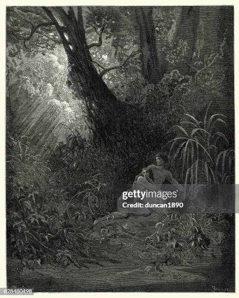 ilustrações de stock, clip art, desenhos animados e ícones de milton's paradise lost -  hid themselves amoung, the thickest trees - adão e eva