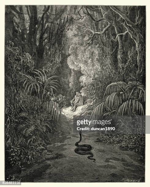 milton's paradise lost -  nearer he drew - adam and eve stock illustrations