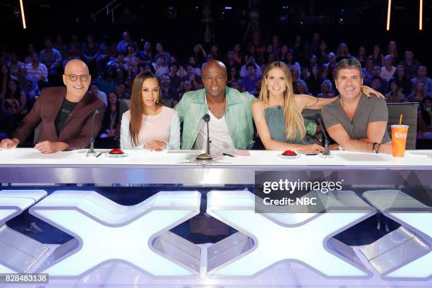 Judge Cuts" Episode 1211 -- Pictured: Howie Mandel, Mel B, Seal, Heidi Klum, Simon Cowell --