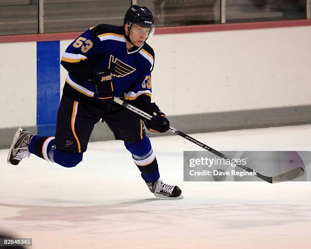 Jonas Junland of the St. Louis Blues makes a pass during the 2008 NHL Prospects Tournament on September 16, 2008 at Centre Ice Arena in Traverse...