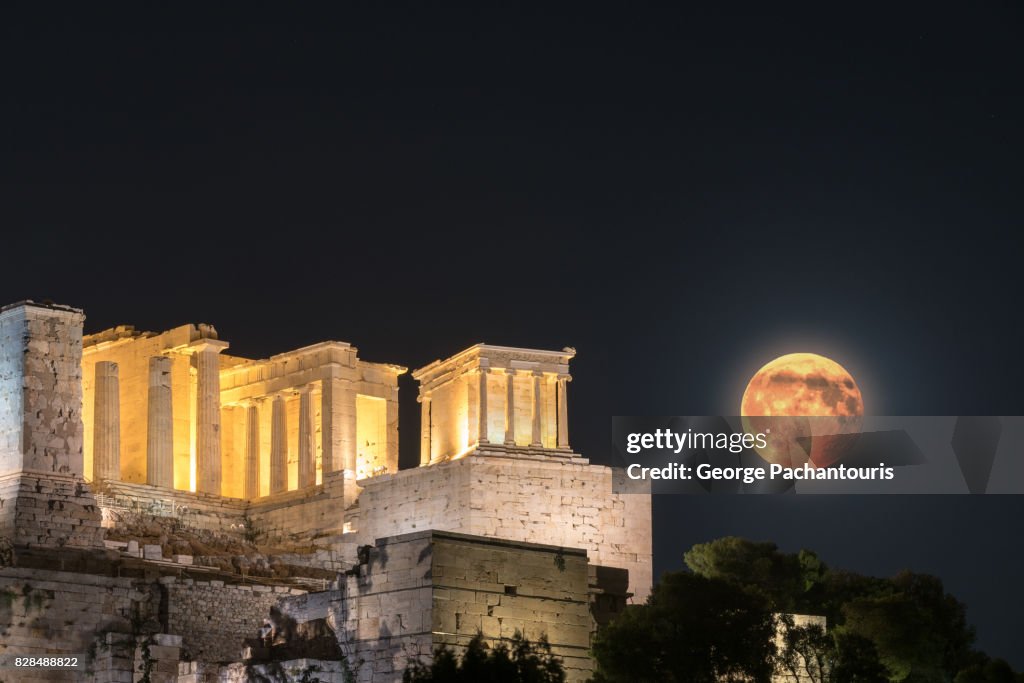 Acropolis and super moon, Athens, Greece