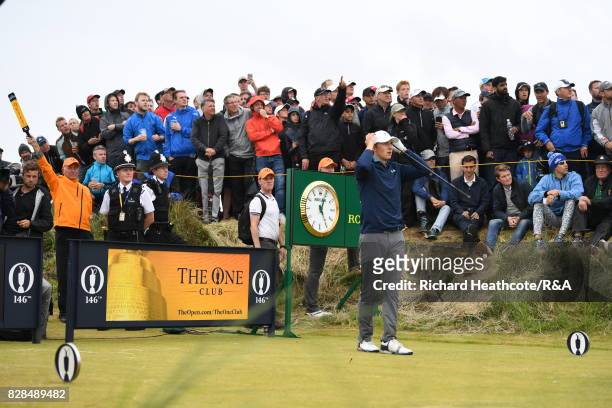 Jordan Spieth of the United States hits his tee shot on the 13th hole during the final round of the 146th Open Championship at Royal Birkdale on July...
