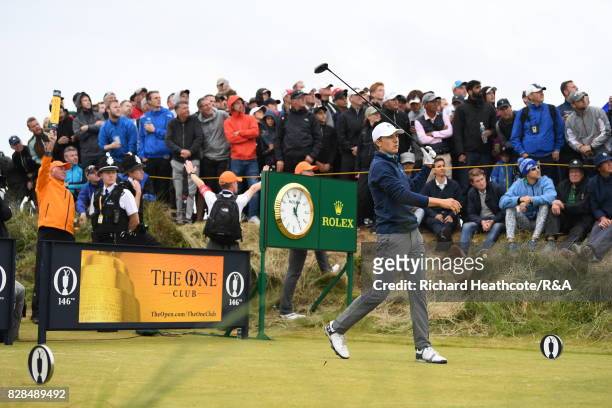Jordan Spieth of the United States hits his tee shot on the 13th hole during the final round of the 146th Open Championship at Royal Birkdale on July...