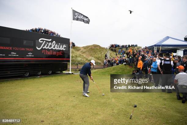 Jordan Spieth of the United States plays from the driving range alongside the 13th hole during the final round of the 146th Open Championship at...