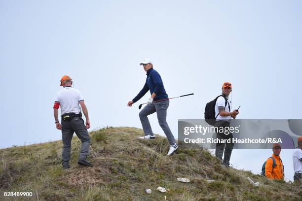 Jordan Spieth of the United States looks at his options to play on the 13th hole during the final round of the 146th Open Championship at Royal...