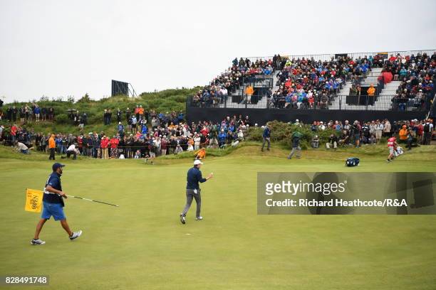 Jordan Spieth of the United States putts out on the 13th hole during the final round of the 146th Open Championship at Royal Birkdale on July 23,...
