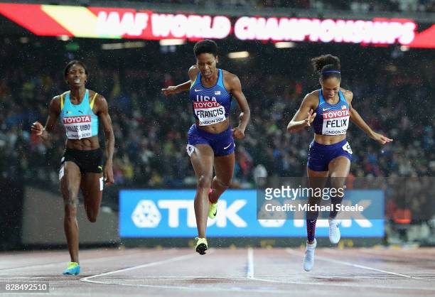 Phyllis Francis of the United States and Allyson Felix of the United States cross the finish line ahead of Shaunae Miller-Uibo of the Bahamas in the...