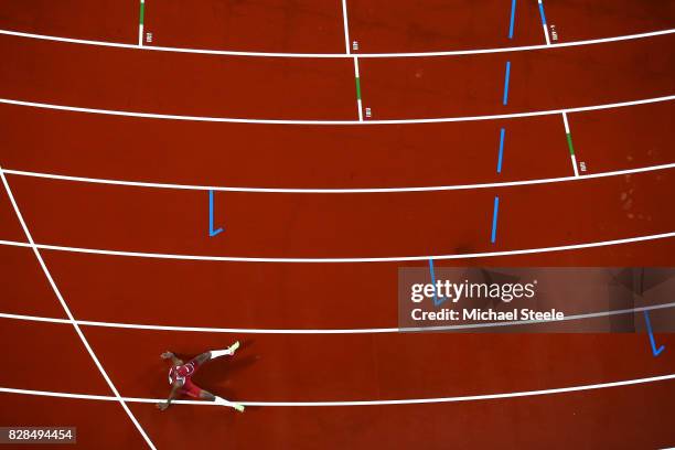 Abdarahaman Samba of Quatar racts after the mens 400m hurdles final during day six of the 16th IAAF World Athletics Championships London 2017 at The...