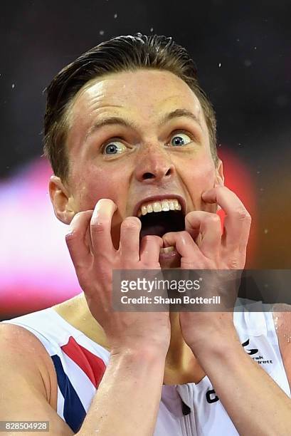 Karsten Warholm of Norway celebrates after winning gold in the Men's 400 metres hurdles final during day six of the 16th IAAF World Athletics...
