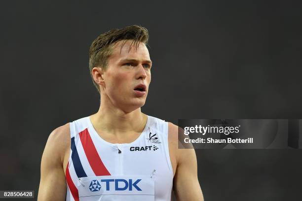 Karsten Warholm of Norway reacts after winning gold in the Men's 400 metres hurdles final during day six of the 16th IAAF World Athletics...