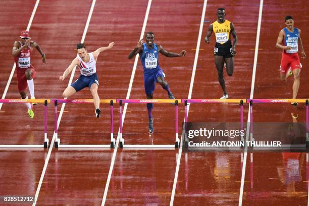 Qatar's Abderrahaman Samba, Norway's Karsten Warholm, US athlete Kerron Clement, Jamaica's Kemar Mowatt, Dominican Republic's Juander Santos compete...