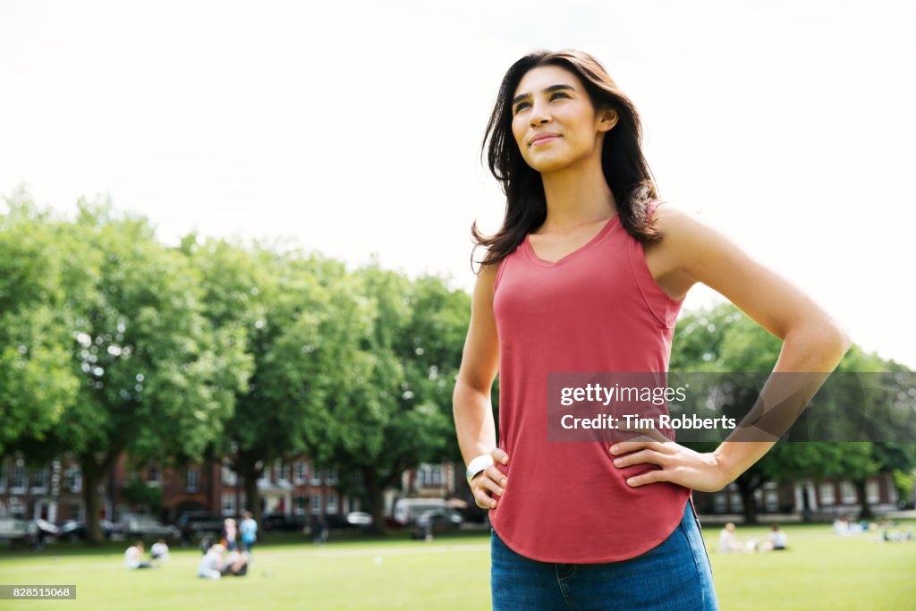 Woman stood looking ahead