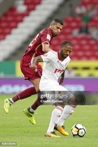 Jonathas of FC Rubin Kazan vies for the ball with Manuel Fernandes FC Lokomotiv Moscow during the Russian Premier League match between FC Rubin Kazan...