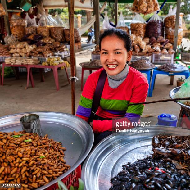 cambodjaanse vrouw verkoopmanager diepe gebakken insecten en tarantulas, cambodja - siem reap stockfoto's en -beelden