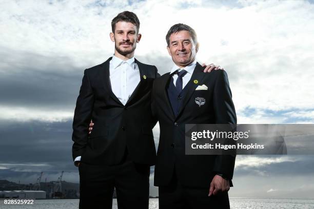 Dario Vidosic and father Rado Vidosic pose during a Wellington Phoenix A-League media announcement at Wharewaka Function Centre on August 10, 2017 in...