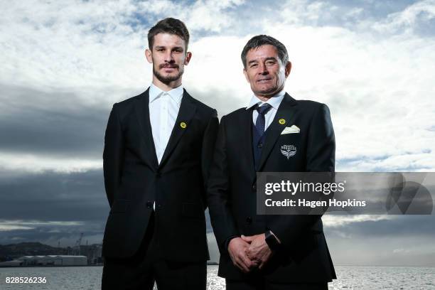 Dario Vidosic and father Rado Vidosic pose during a Wellington Phoenix A-League media announcement at Wharewaka Function Centre on August 10, 2017 in...